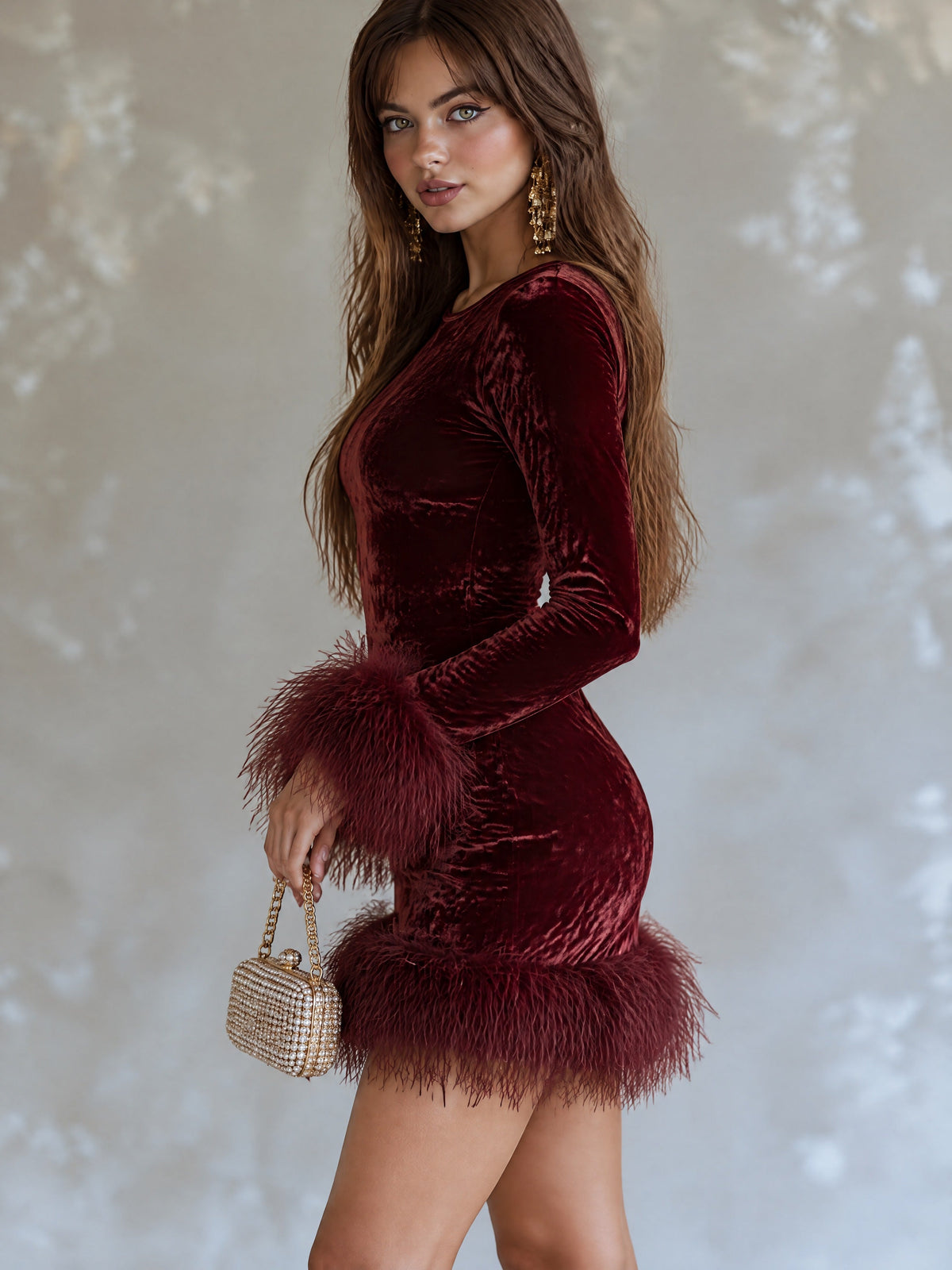 Retro Elegant Burgundy Velvet Long Sleeve Feather Trim Mini Dress