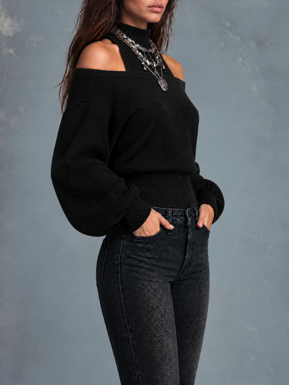 Rib Mock Neck Halter Tank And Off-Shoulder Balloon Sleeve Overlay Two-Piece Knit Set