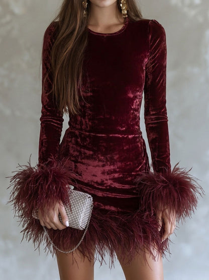 Retro Elegant Burgundy Velvet Long Sleeve Feather Trim Mini Dress