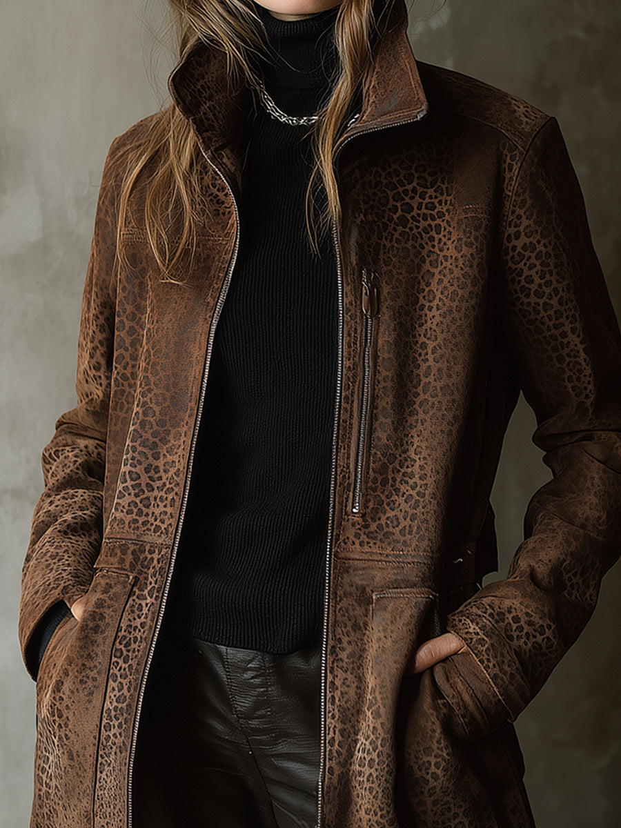 Vintage Distressed Suede Leopard Print Straight Jacket