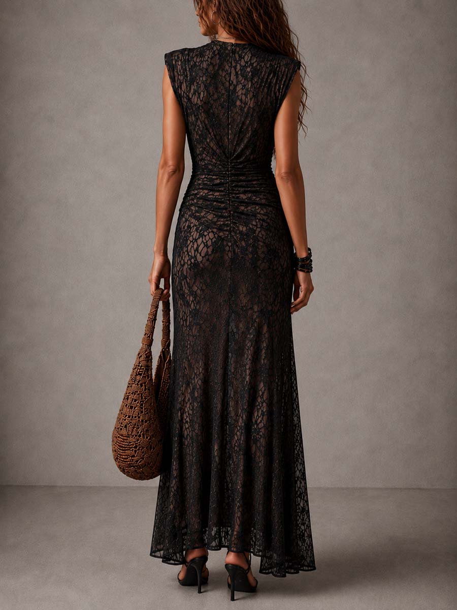 Vintage Black Floral Lace Ruched High Slit Maxi Dress