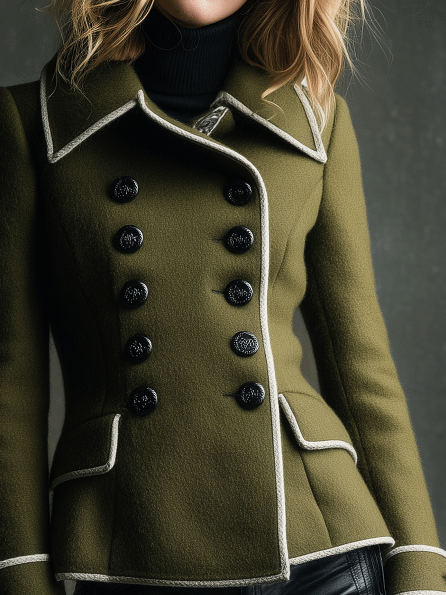 Retro Double-Breasted Wool Contrast Piping Jacket