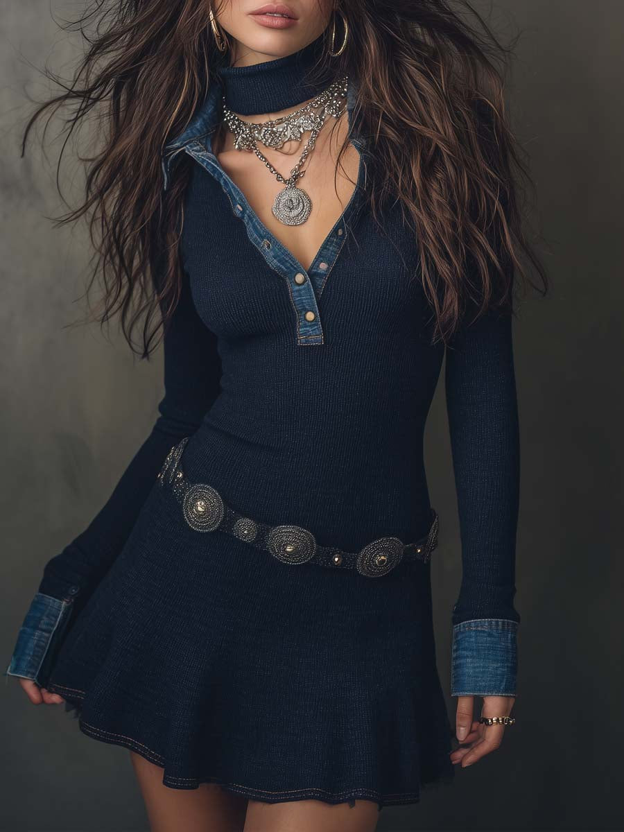 Retro Flare Hem Knit Denim Trim Mini Dress