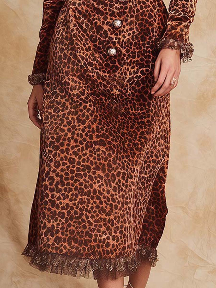 Retro Velvet Leopard Shirt Dress With Belt And Lace Hem