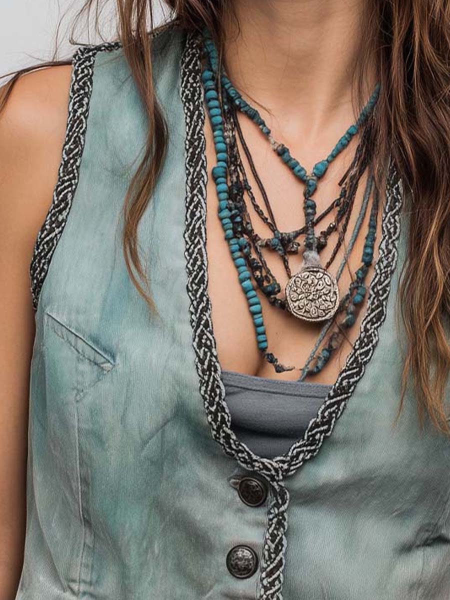 Vintage Washed Denim Mint Green Braided Trim Western Vest