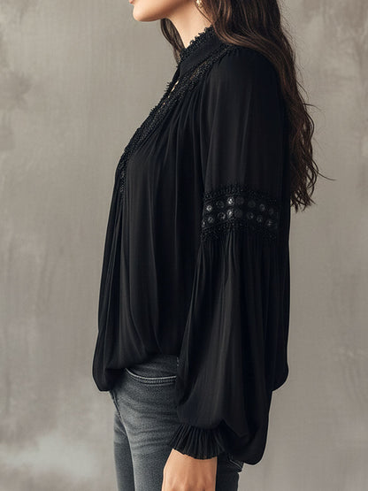 Black Lace Blouse – Vintage Boho Long-Sleeve Top With V-Neck And Puff Sleeves