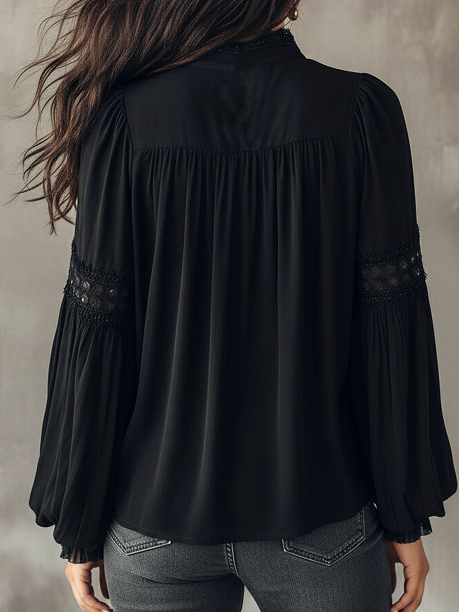 Black Lace Blouse – Vintage Boho Long-Sleeve Top With V-Neck And Puff Sleeves