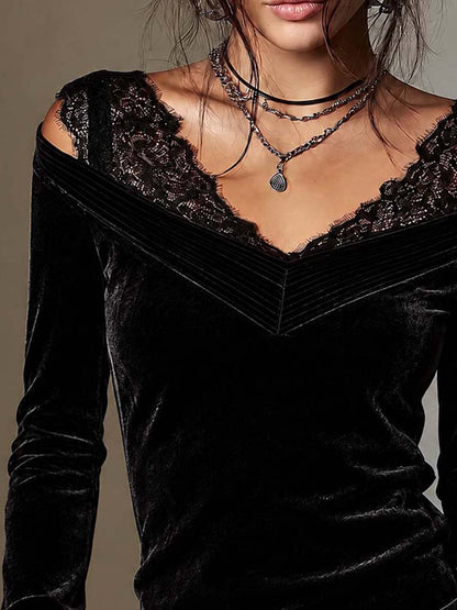 Women's Black Velvet Off-Shoulder V-Neck Long Sleeve Top with Lace Trim