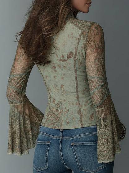 Vintage-print Lace Trim Bell Sleeves Blouse With Front Zipper