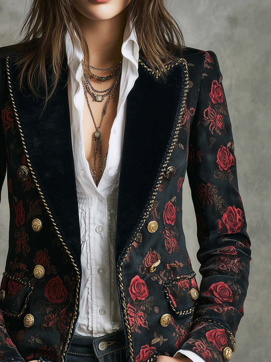 Vintage Black Velvet Red Rose Pattern And Gold Buttons Blazer