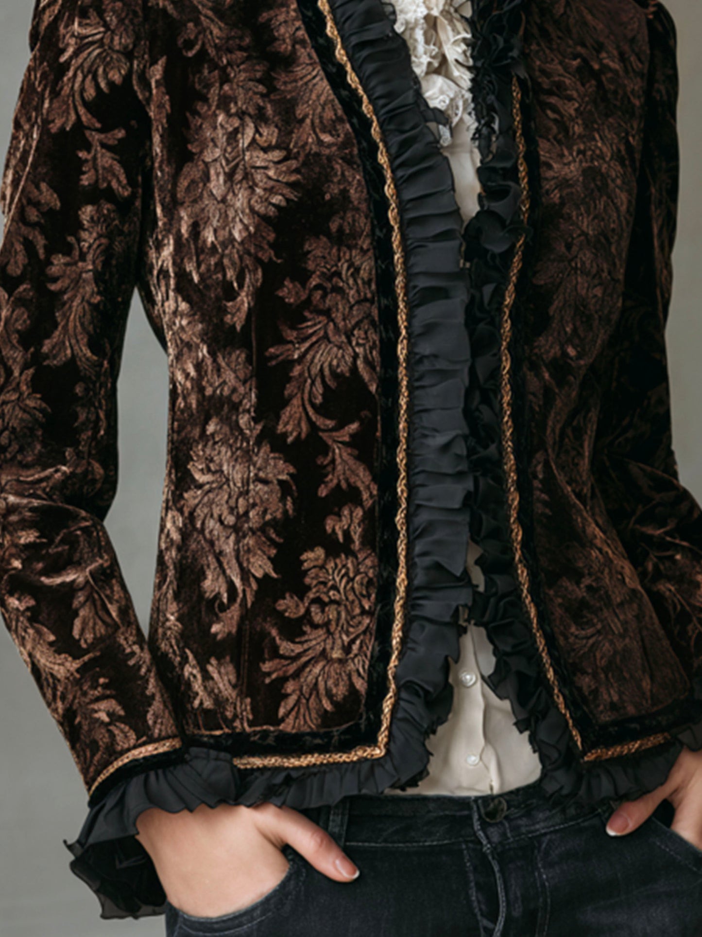 Vintage Ruffled Trim Baroque Brown Velvet Print Jacket