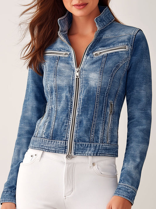 Trendy Washed Blue Slim Fit Denim Moto Jacket  Multiple Pockets