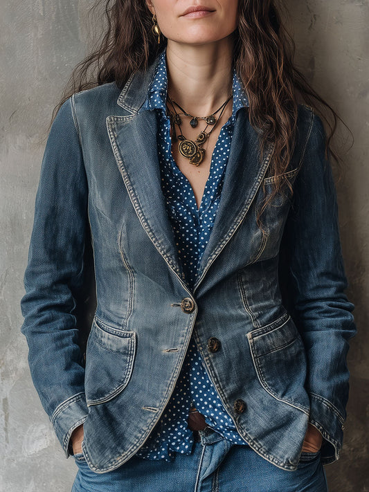 Retro Washed Distressed Lapel Denim Blazer