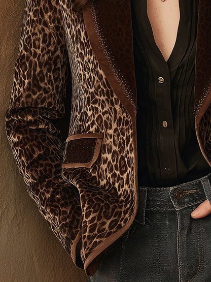 Retro Leopard Print Velvet Patchwork Blazer