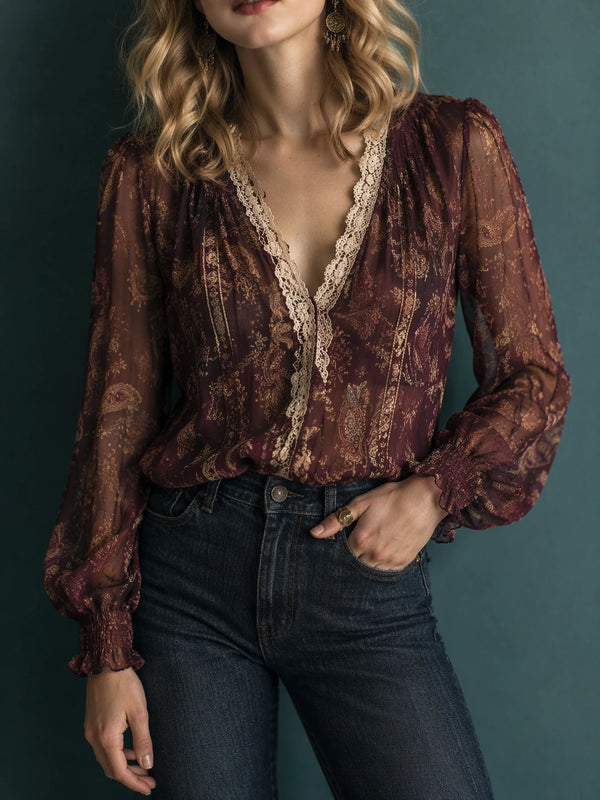 Burgundy Paisley Lace-Trim V-Neck Blouse