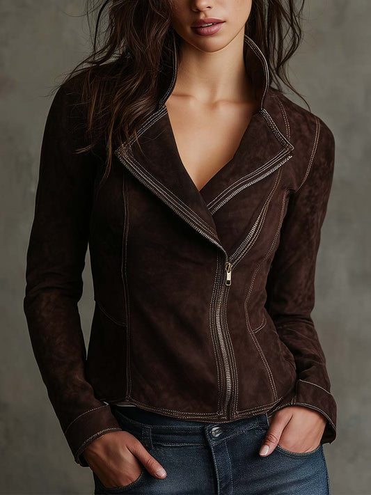 Chocolate Brown Eco-Suede Moto Jacket
