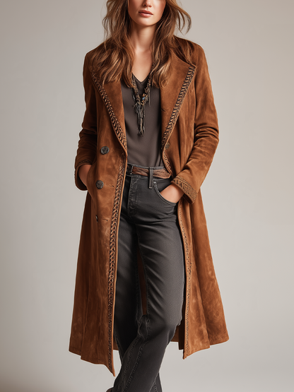 Vintage Camel Brown Embroidered-Trim Longline Coat