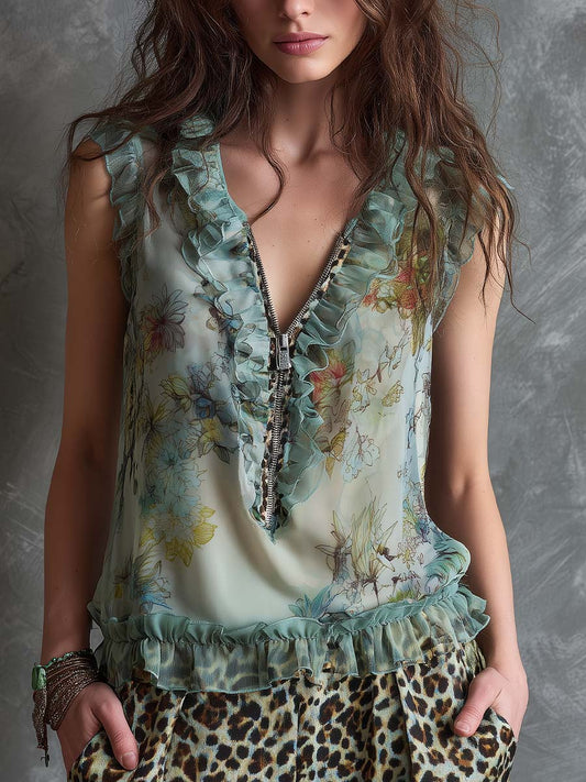 Boho Floral Ruffle Chiffon Sleeveless Top