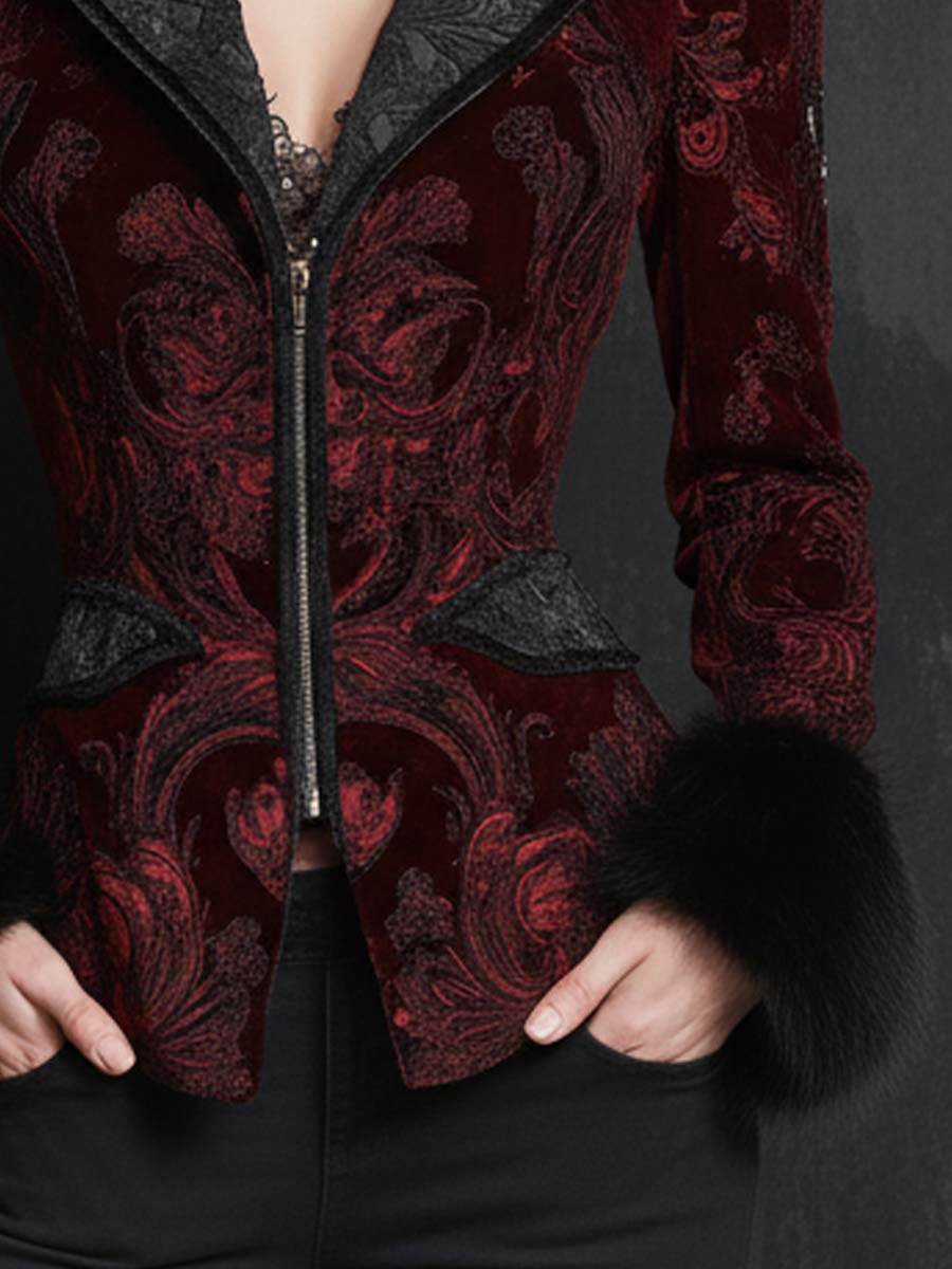 Burgundy Velvet Jacquard Jacket With Faux Fur Cuffs – Baroque Luxury