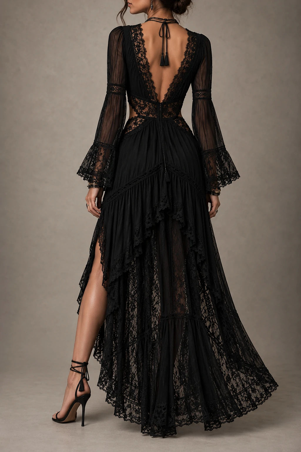 Black Lace Bell Sleeve Deep V Boho Maxi Dress