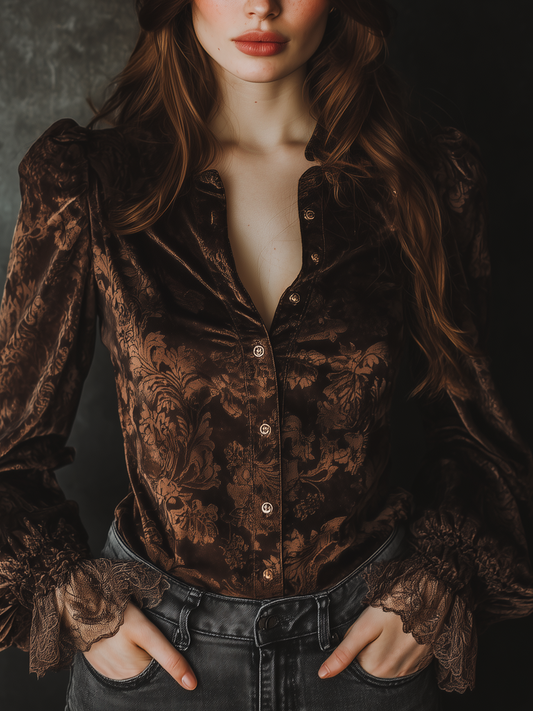 Vintage Printed Lace Cuffs Poly Velvet Blouse