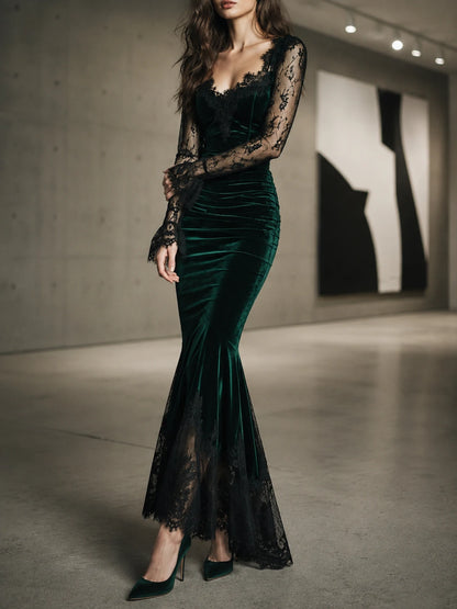 Elegant Green Velvet Long Sleeve Lace Midi Dress