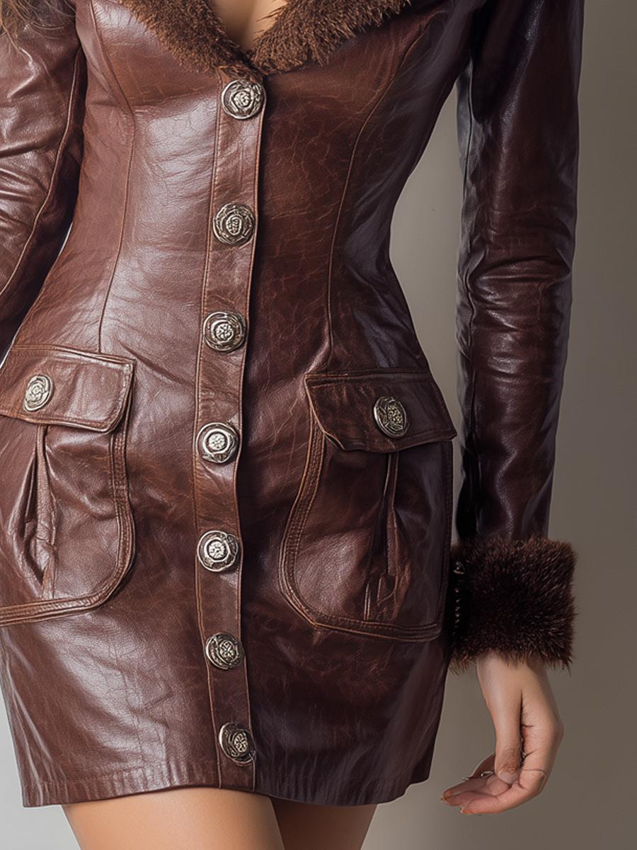 Retro Faux Fur Collar Eco-leather Mini Dress