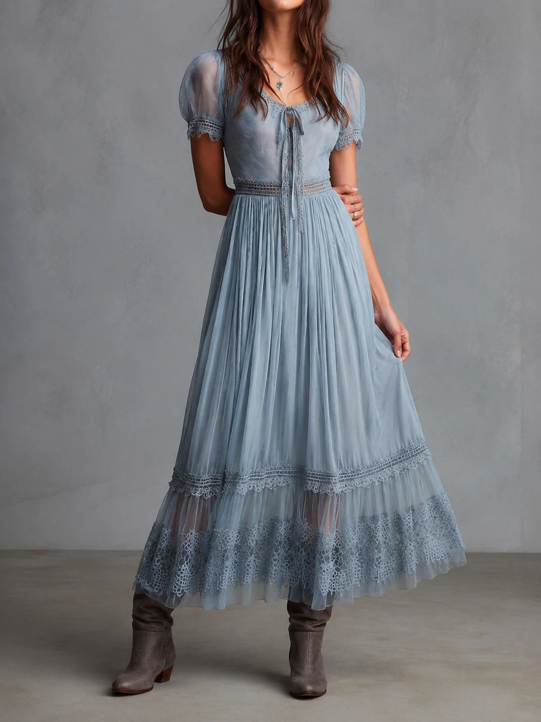 Grace Dusty Blue Lace-Trimmed Chiffon Midi Dress