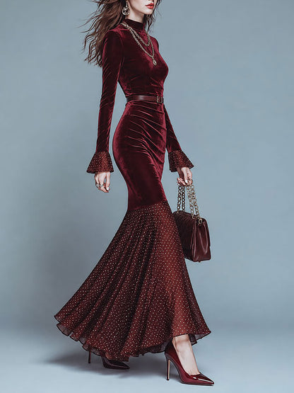 Elegant Burgundy Velvet Mermaid Maxi Dress with Polka Dot Flounce Hem