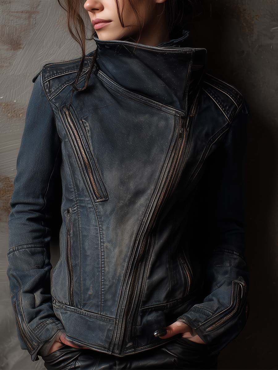 Washed Steel-blue Distressed Denim Moto Jacket