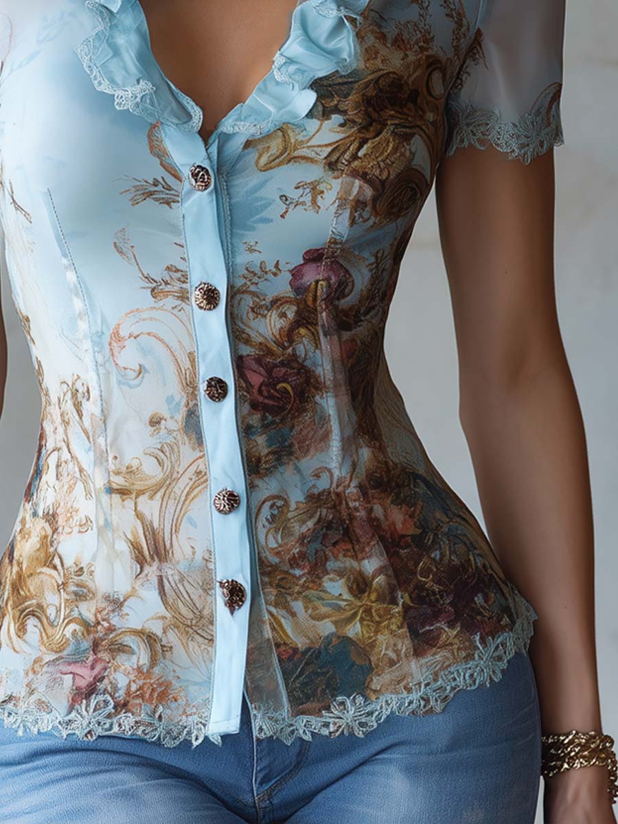 Vintage Baroque Floral Ruffle Neck Chiffon Blouse