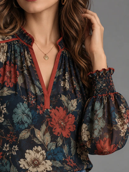 Navy Floral Split-Neck Balloon-Sleeve Blouse