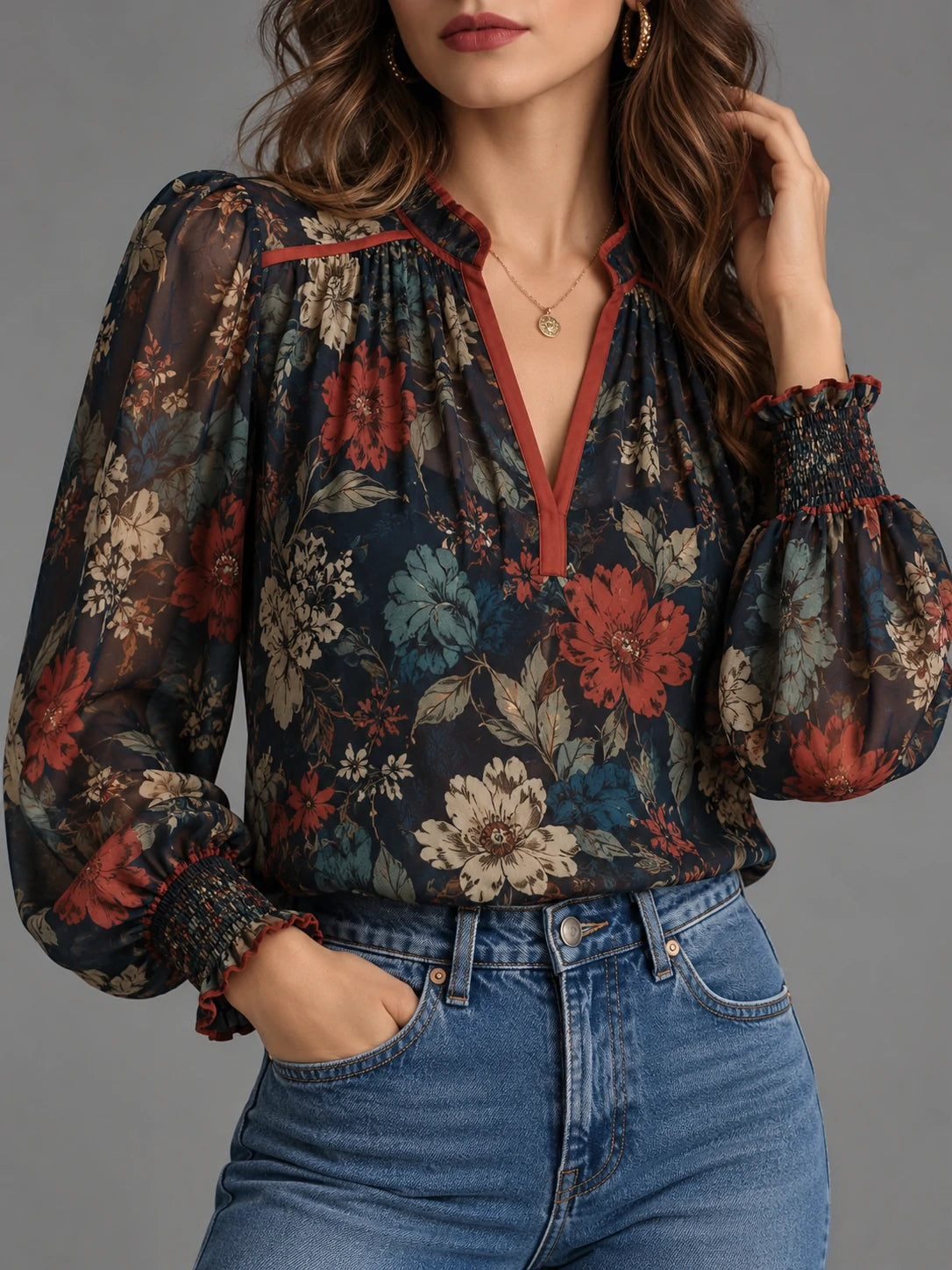 Navy Floral Split-Neck Balloon-Sleeve Blouse