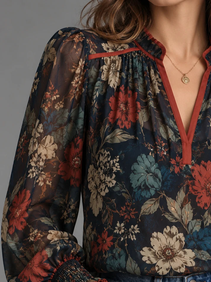 Navy Floral Split-Neck Balloon-Sleeve Blouse