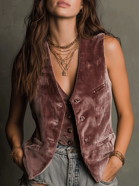 Casual Vintage Corduroy Fuchsia Vest