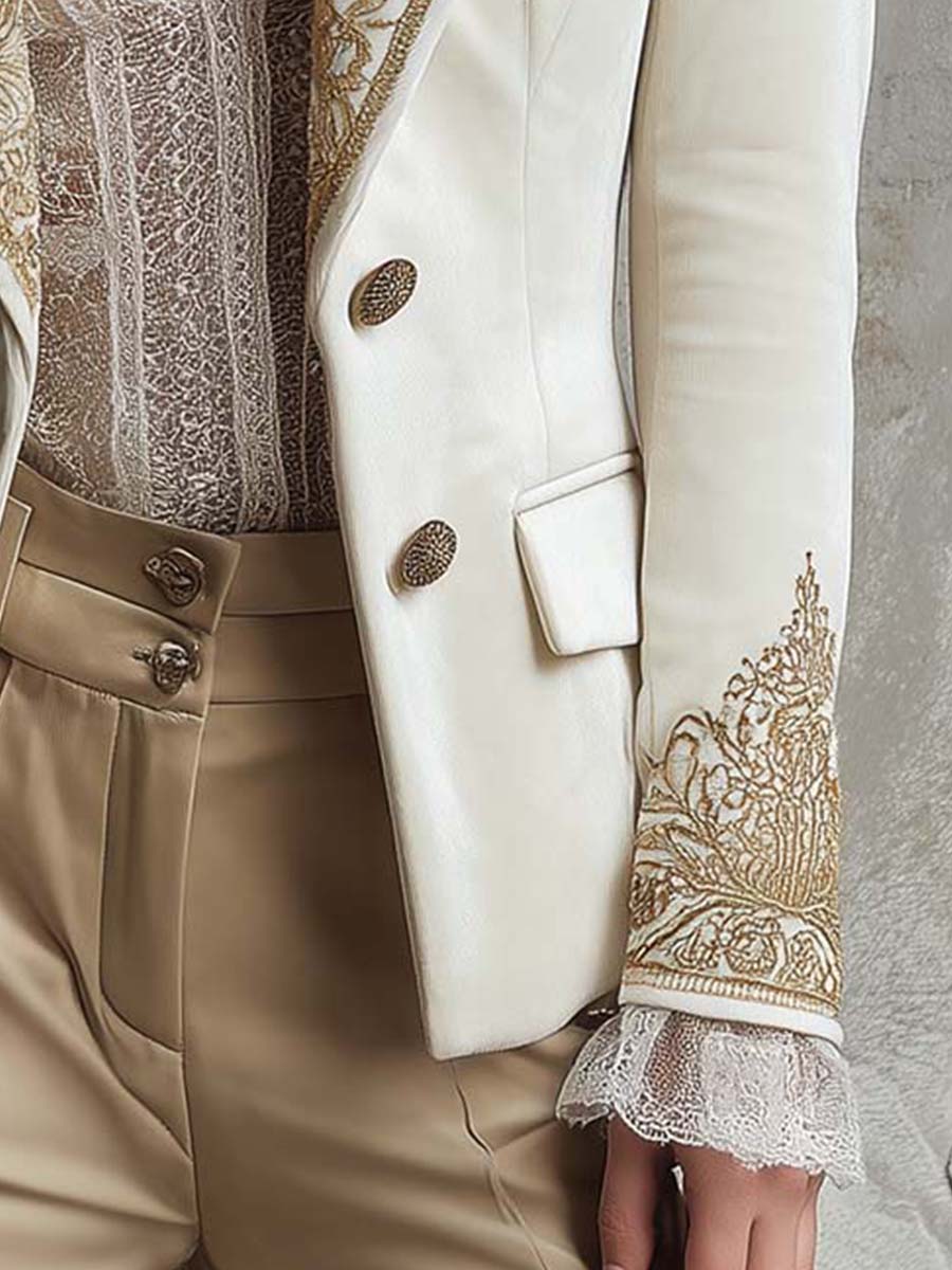 Ivory Embroidered Velvet Blazer With Gold Lace Detailing