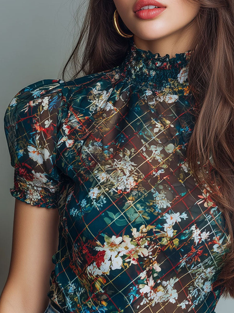 Vintage High Neck Puff Sleeve Sheer Floral Mesh Blouse