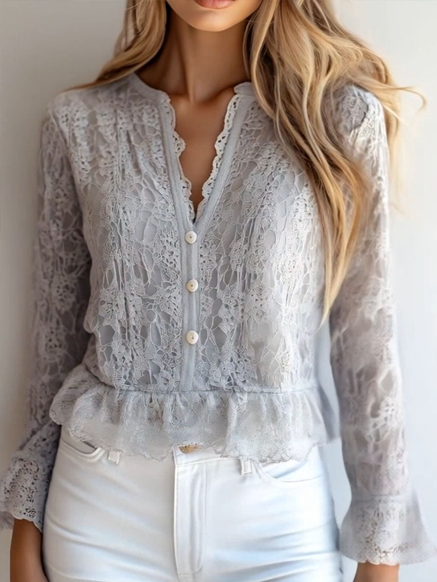 (clearance)Stylish V-neck Button Down Long Sleeve Lace Shirt