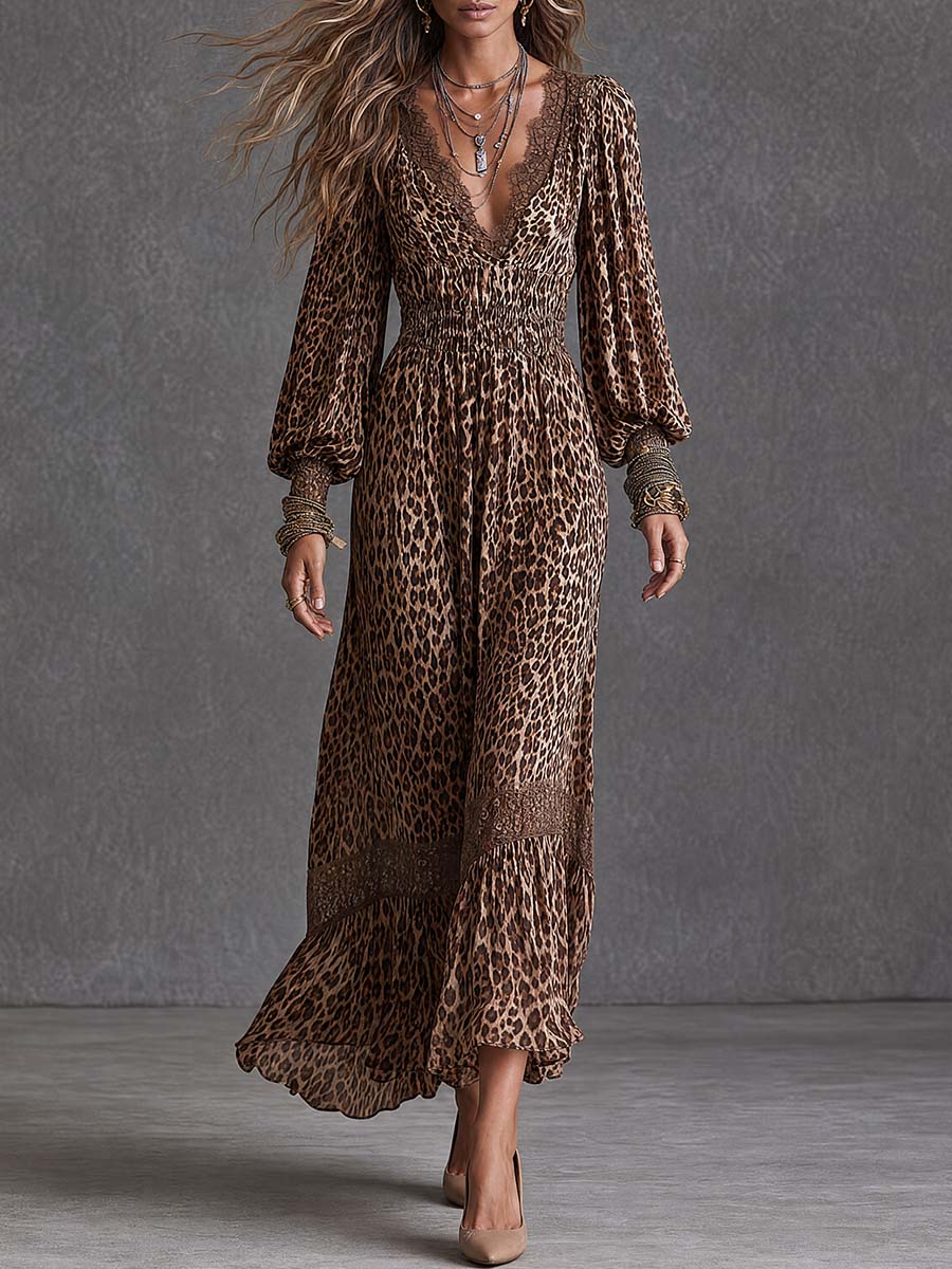 Women's Leopard Print Lace Trim V-Neck Long Sleeve Boho Maxi Dress