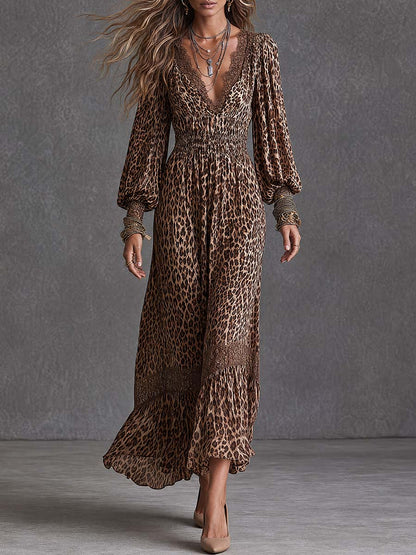 Women's Leopard Print Lace Trim V-Neck Long Sleeve Boho Maxi Dress