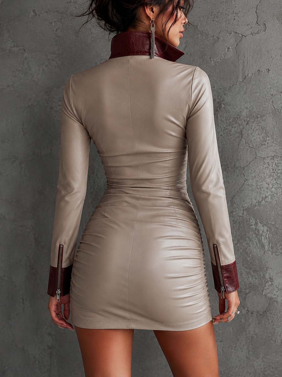 Retro Contrast Trim Faux Leather Mini Dress