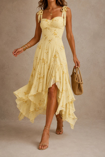 Yellow Floral Chiffon Handkerchief Midi Dress