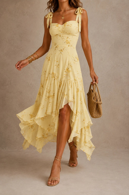 Yellow Floral Chiffon Handkerchief Midi Dress