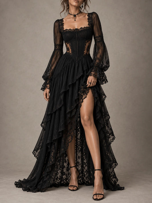 Black Lace Corset-Style Ruffle Maxi Dress