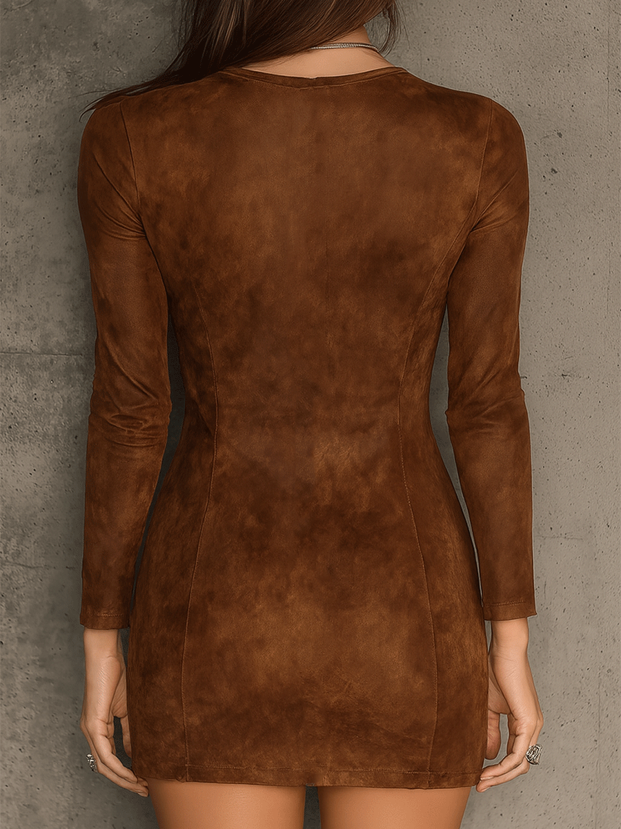 Vintage Caramel Brown Lace Trim And Zip Front Suede Mini Dress