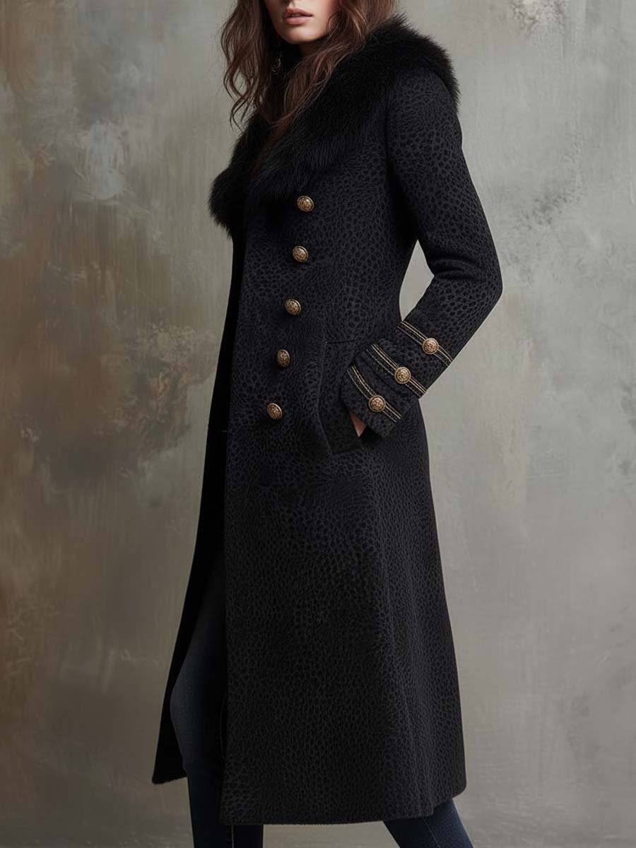 Black Printed Suede Long Coat With Faux Fur Collar & Gold Buttons