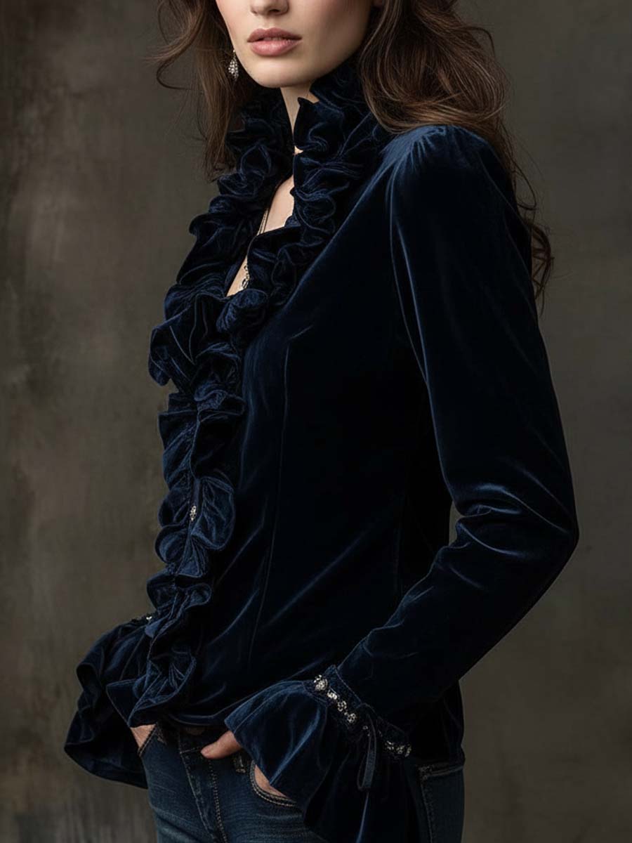 Midnight Blue Ruffled Velvet Shirt With Crystal Buttons