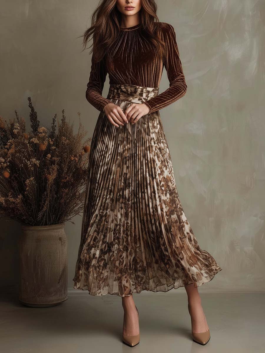 Velvet And Pleated Chiffon Patchwork Midi Dress With Earth-Tone Print