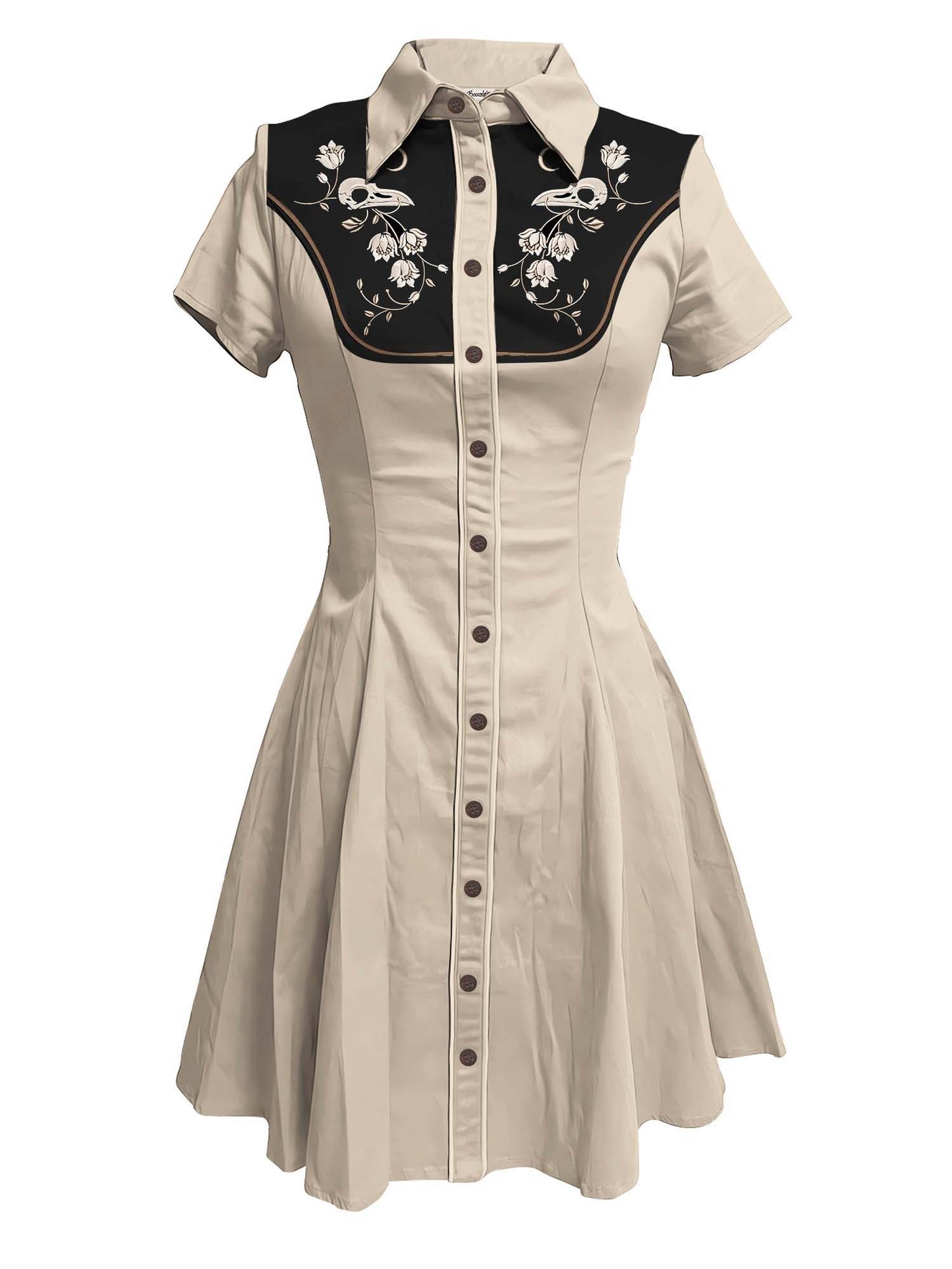 [Embroidery]Skeleton Crow Head And Flower - 100% Cotton Dress