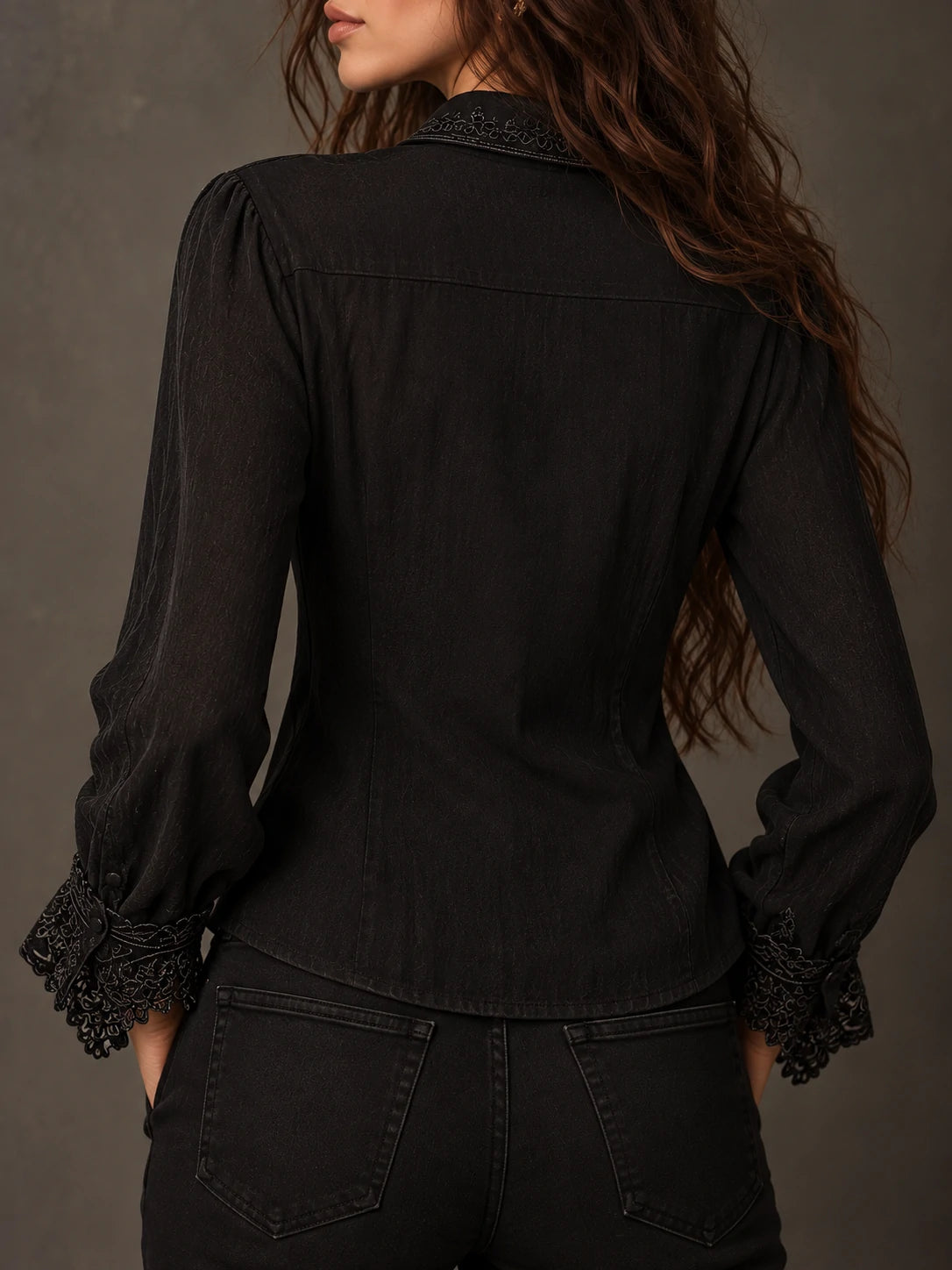 Gothic Black See-Through Embroidered Lace Chiffon Shirt